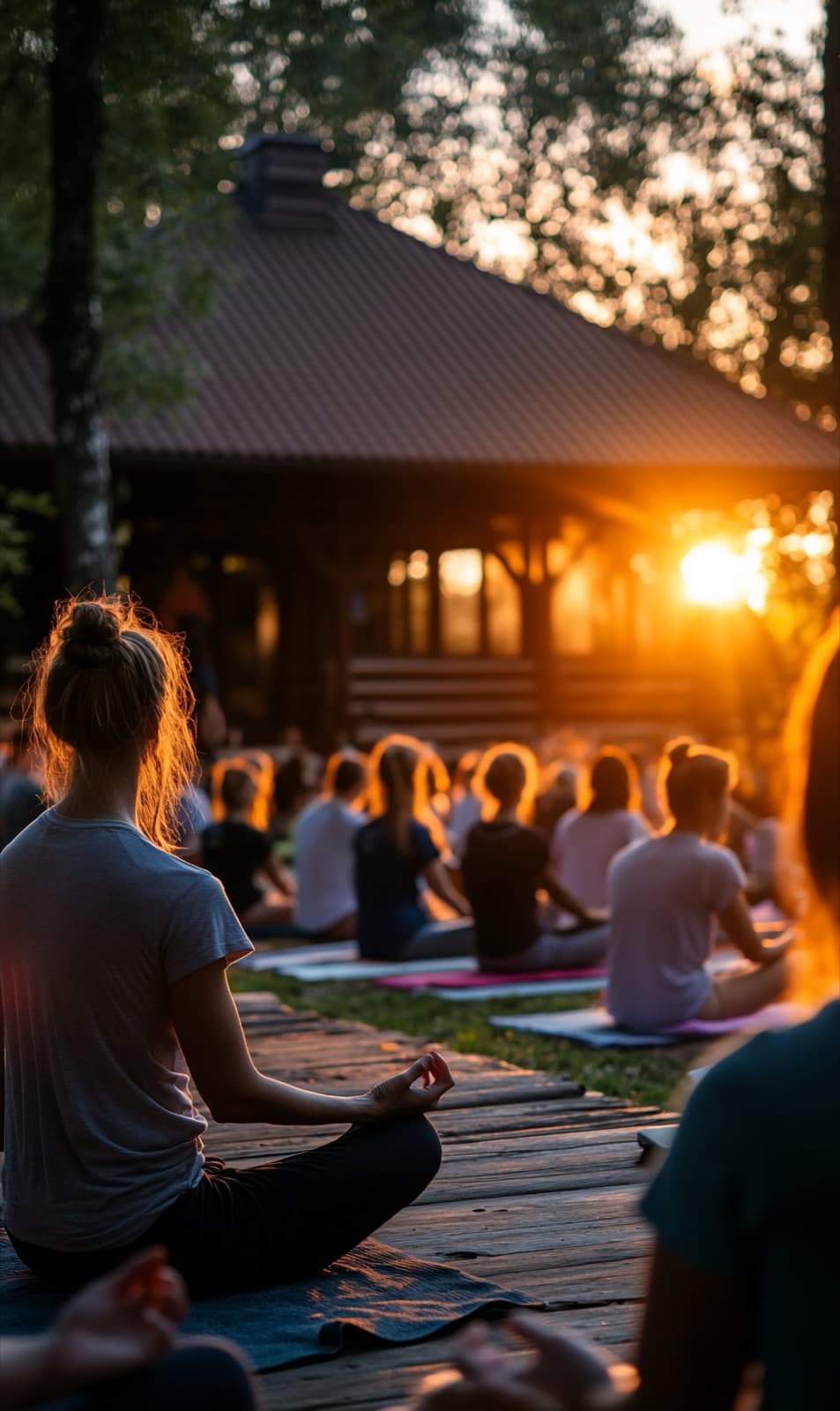 Gruppe meditiert bei Sonnenuntergang vor einer Holzhütte
